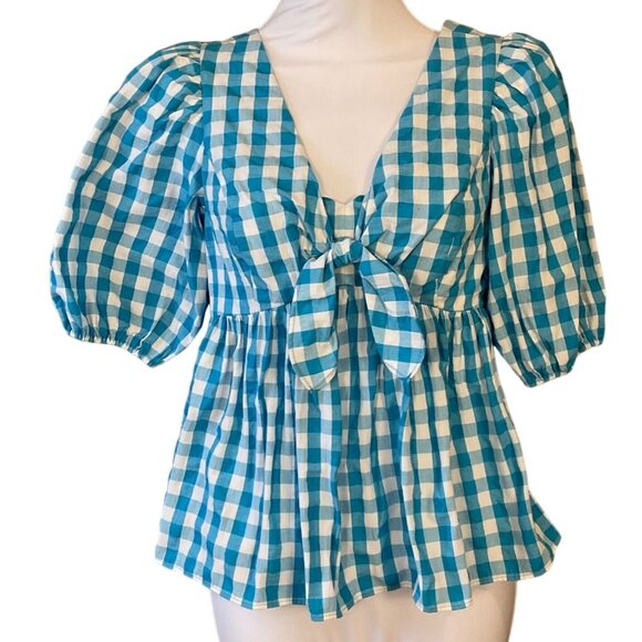Lilly Pulitzer Sarafina Short Sleeve Turquoise Gingham Blouse 00 NWT - Picture 1 of 11